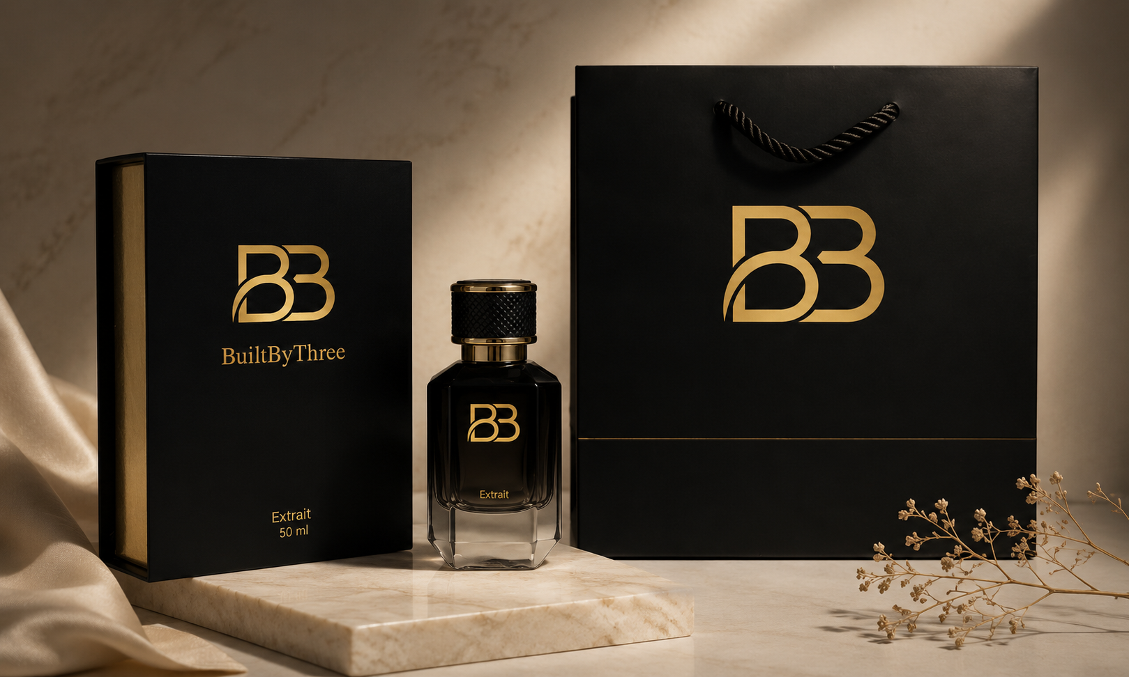 BuiltByThree bottle with gift box and gift bag