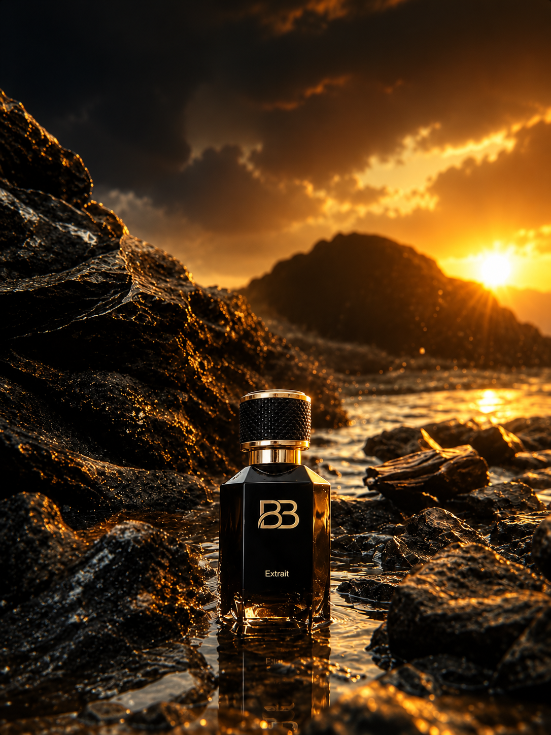 The BuiltByThree bottle on sunset rocks